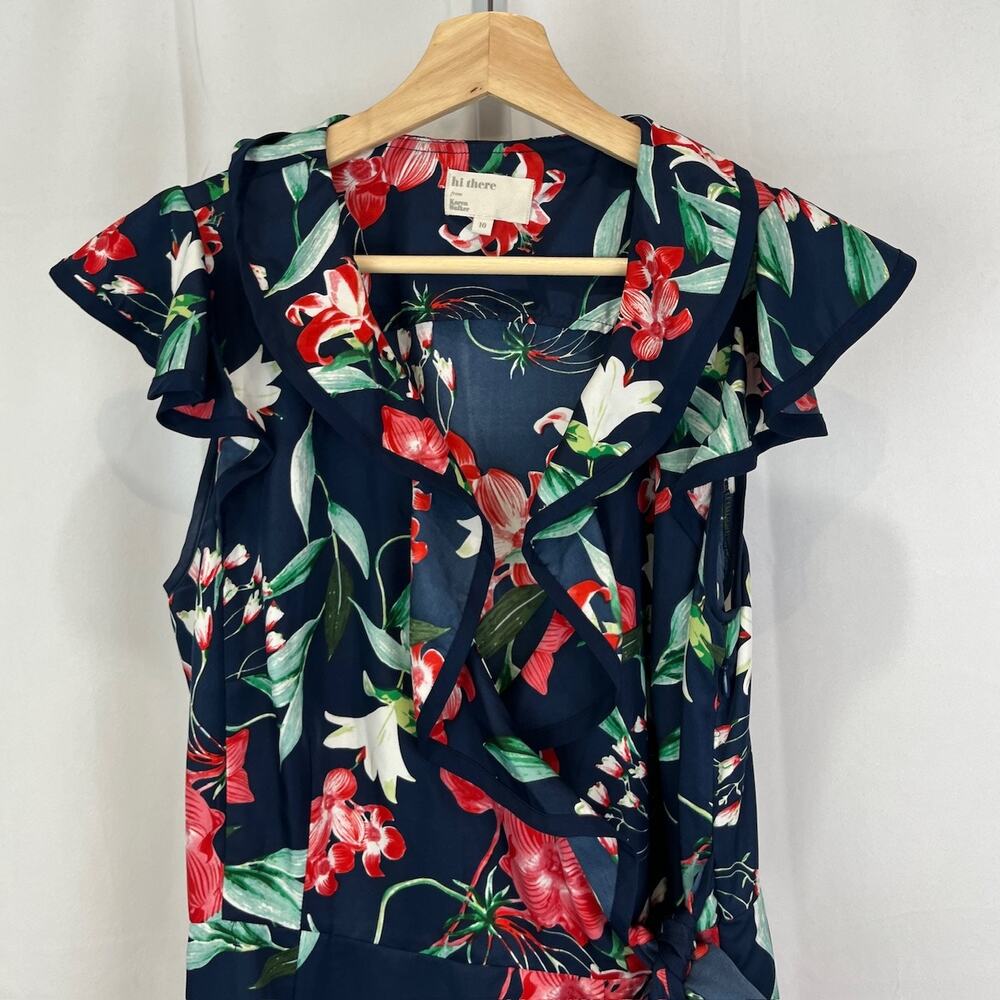 KAREN WALKER Hi There Sz 10 Anthropologie Hibiscus Floral Wrap Dress Blue Multi - Picture 5 of 10